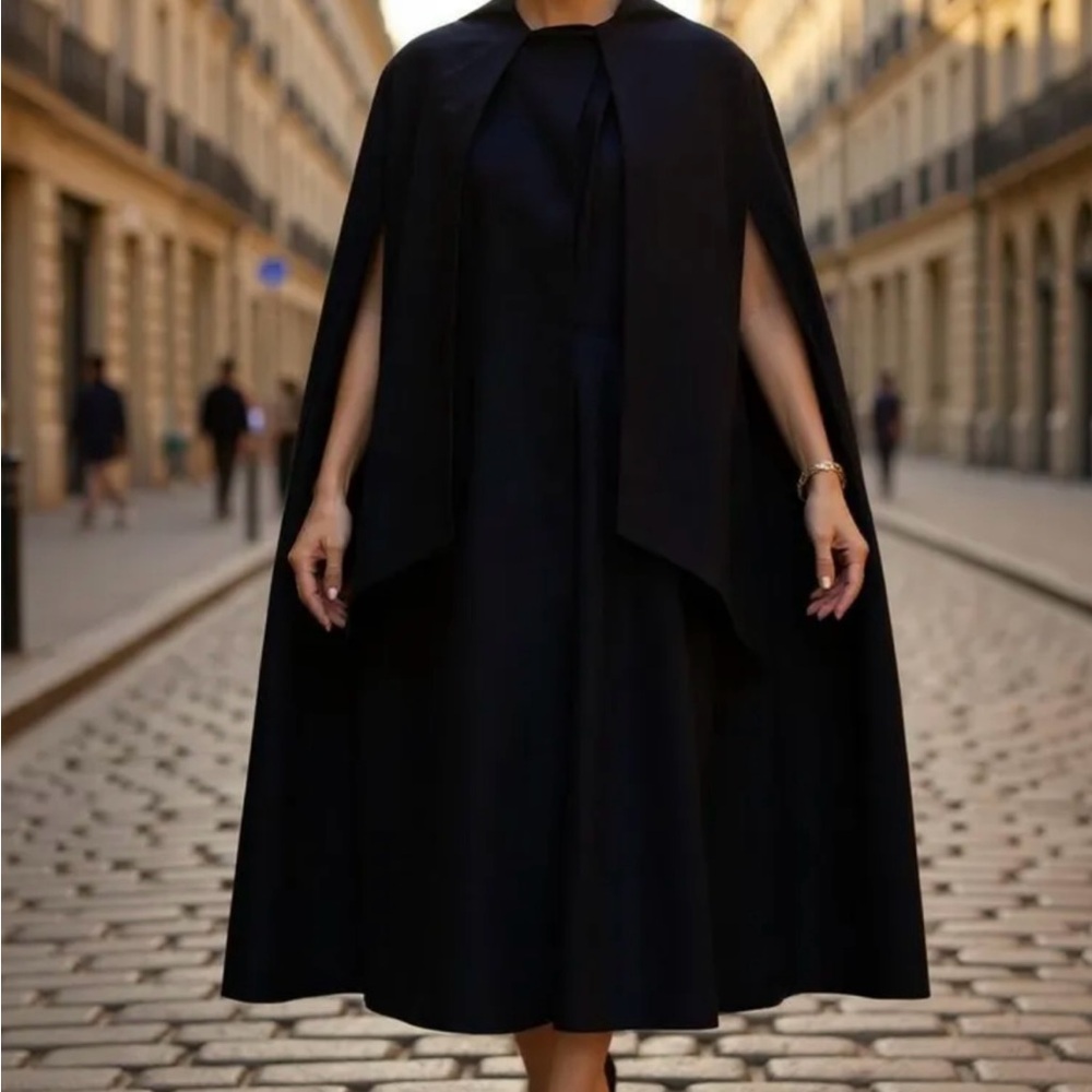 Vintage Elegant Black Cape Coat Jacket Brown Suede Collar With Slits for Arms